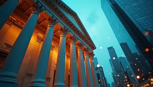 Classical bank building with large columns stands next to modern glass skyscrapers under a bright teal sky. Lights twinkle like stars, suggesting finance and technology merging.
