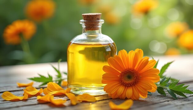 Bottle of golden calendula oil sits on wooden table with marigold petals scattered around. Orange calendula flower, green leaves adorn scene. Natural healing oil in clear glass flask with cork