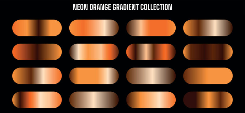 Neon Orange Gradient Collection Vector Set with 16 Metallic Color Swatches for Design Elements