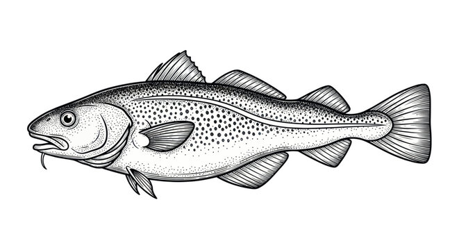 Atlantic Cod Fish Illustration - Hand-Drawn Style, Seafood Ingredient