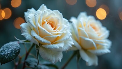 Fototapeta premium Close-up on two white roses covered in frost and water droplets. Soft bokeh lights form a blurred background, creating an elegant, delicate mood. Perfect for winter themes.