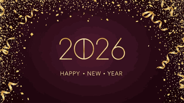 Glistening golden confetti and flowing ribbons elegantly decorate a rich maroon background, celebrating the joyous arrival of the New Year 2026 with sparkling splendor and future promise