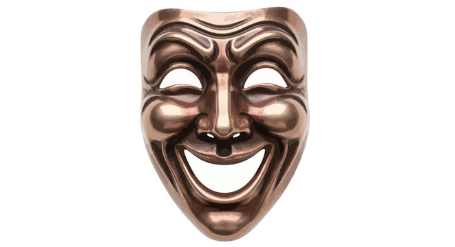 A beautifully crafted bronze comedy mask, with a wide, joyful smile, emblematic of classic theater and dramatic arts, representing happiness and performance on stage