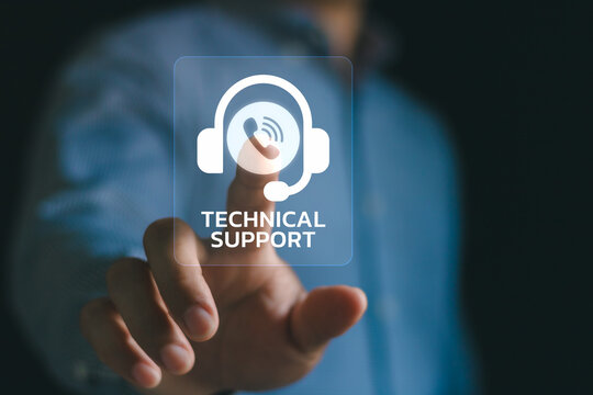 Online technical support concept. Professional operator choosing service solution providing troubleshooting with virtual screen. Customer care assistance and business warranty quality assurance.