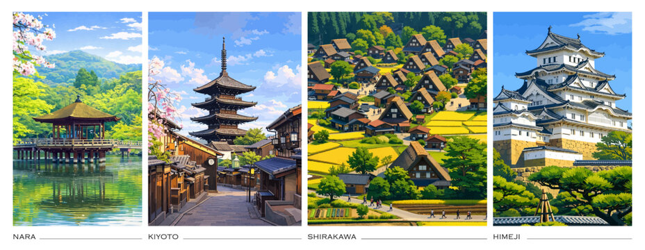 Vector illustrated post stamps of iconic landmarks in Japan. Nara, Kiyoto, Shirakawa, Himeji palace. Japanese covers for posters, background, icons and stickers.	