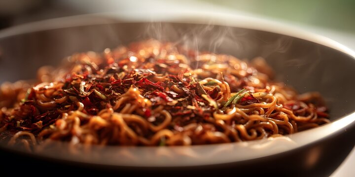 Spicy Korean chili flakes a bowl of steaming hot noodles clean professional stock photo sharp macro photography style cinematic realism ultra photorealistic no text no watermark