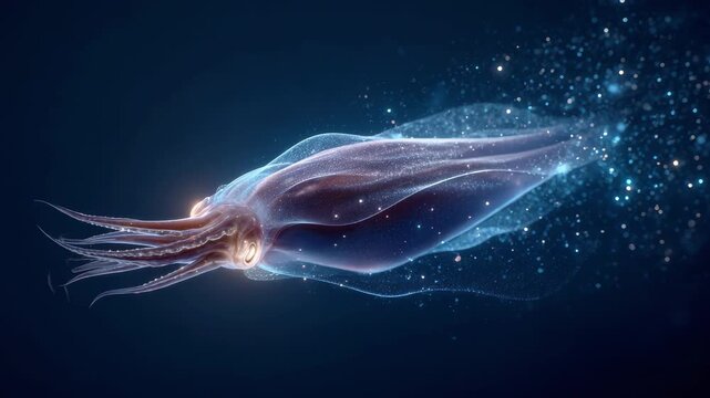 Bioluminescent squid gliding through dark ocean with sparkling particle trail 3D render 60 FPS