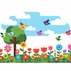 Fototapeta premium Colorful Birds Flying Over Flowers Garden.