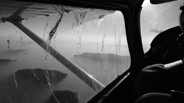 Black and white view from inside an airplane's cockpit looking at islands in a hazy atmosphere with cracked windshield