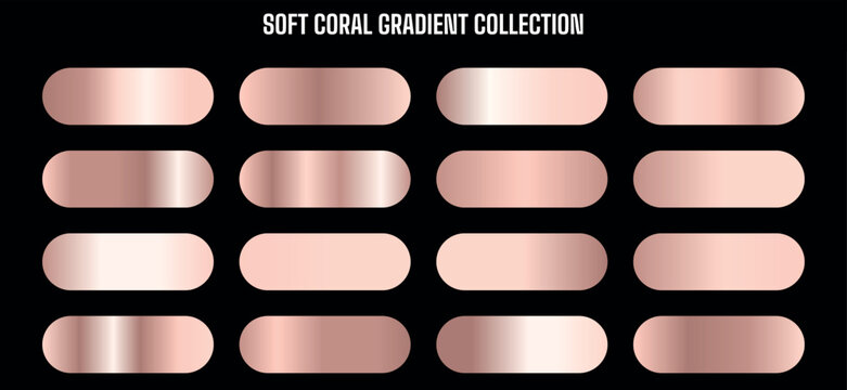 Soft Coral Gradient Collection Vector Set with 16 Rose Gold Metallic Swatches for Web Design