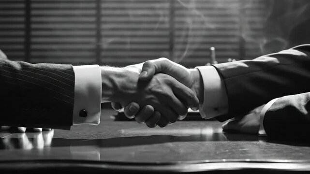 Black and white close up of two businessmen shaking hands across a polished desk in a dimly lit office