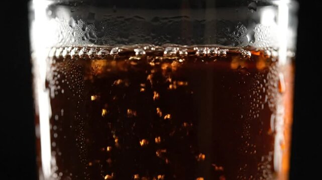 Close up view of bubbles in a glass of fizzy brown soda drink with condensation droplets
