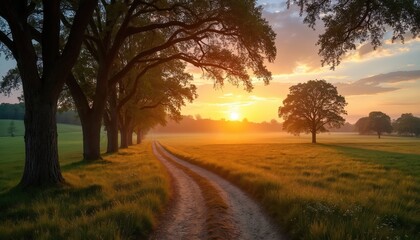 Naklejka premium Dirt road winds through grassy field lined with large trees toward bright sunrise sun. Golden light glows over misty landscape. Peaceful morning scene, quiet nature.