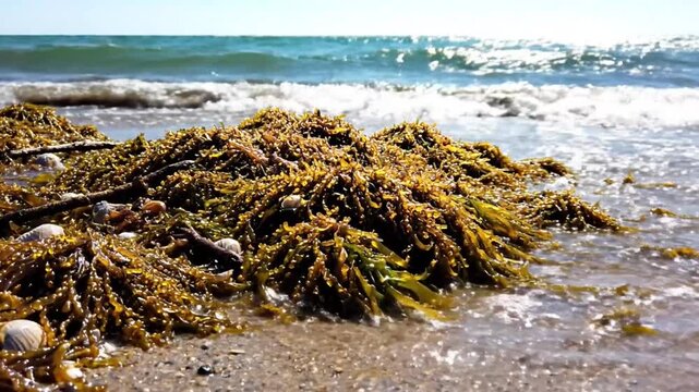 Waves washing over seaweed on a sandy beach under a bright sunny sky with a beautiful ocean in the background