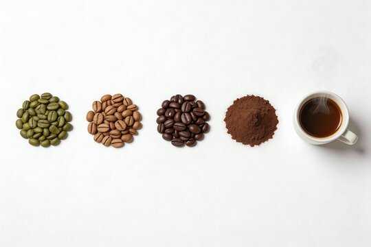 Stages of coffee preparation showing green beans light roast dark roast grounds and a hot cup of coffee