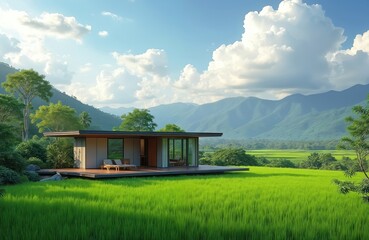 Fototapeta premium Modern small house with open balcony sits in vibrant green rice fields. Rich trees and rolling mountains form a serene backdrop under a bright blue sky with fluffy clouds. Peaceful rural landscape.