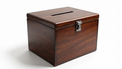 Polished wooden box with a top slot and latch. This secure receptacle awaits cash contributions or ballot submissions. Ideal for voting, donations, or suggestions.