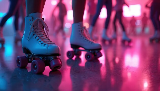 People roller skate at neon lit disco party. Retro roller skating rink with vibrant pink and blue lights. Skaters enjoy music and dancefloor, reliving 80s nostalgia.