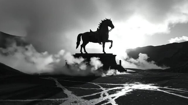 Epic silhouette of a horse statue on a pedestal with an atmospheric background of clouds and a moody landscape