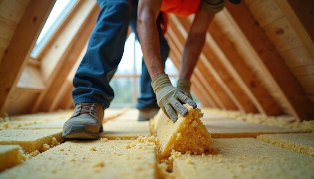 Worker installs yellow insulation material in attic mansard ceiling. He wears work gloves and blue jeans, focuses on job. Roof framing and skylight visible.