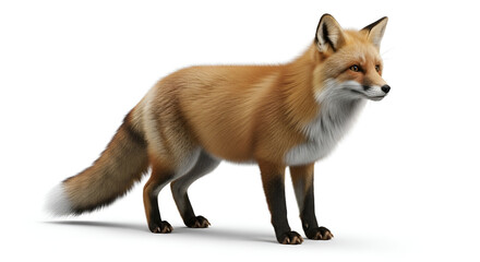 Fototapeta premium Realistic red fox standing isolated on a white background with detailed fur. Wildlife animal portrait showing the beauty of a small predator with elegant and natural appearance.