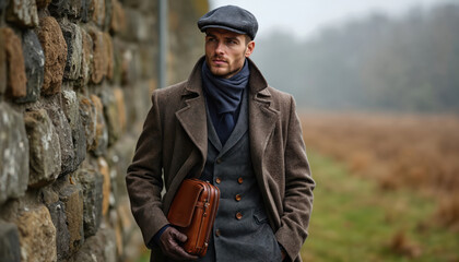 Naklejka premium Man in classic tweed overcoat and suit walks outdoors. He wears flat cap and scarf carrying leather satchel. Style is refined elegant masculine for autumn winter.