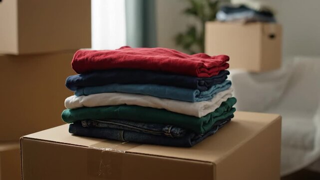 A stack of neatly folded clothes sits on a cardboard box during a move. Person packing their belongings into boxes for relocation. Decluttering wardrobe and donating apparel concept