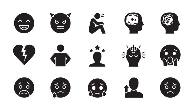 Negative emotion and mental health glyph icon set for stress, anxiety, depression, and psychological wellbeing awareness design