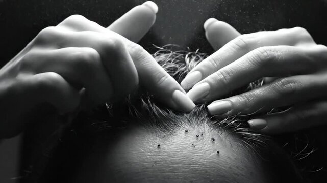 Close-up of a person's scalp in black and white, hands touching the head with black spots