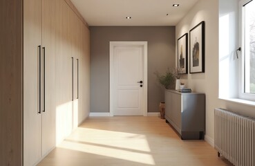 Obraz premium Modern hallway with light wood floor, tall closets, white door. Interior design features minimalist aesthetic, warm natural light creating inviting atmosphere. Space feels clean, spacious, orderly.