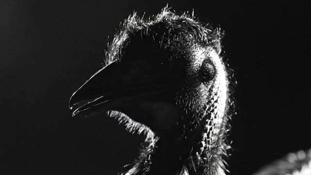 Black and white close up of an emu bird head looking slightly to the side with dark moody lighting