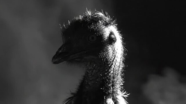 Black and white close up portrait of an emu with soft shadows and a serious gaze in natural light