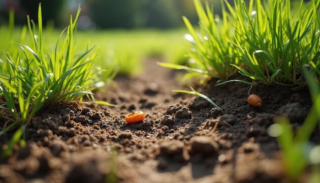 Tiny orange grub on soil near fresh green grass blades. Larva shows signs of infestation damaging young plants roots. Garden pest control issue.