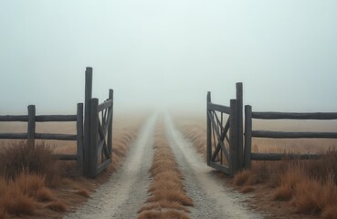 Fototapeta premium Open wooden gates lead down a misty dirt road into the unknown. Dry grass flanks the path. Rural landscape fades into dense fog creating a mysterious and serene atmosphere.