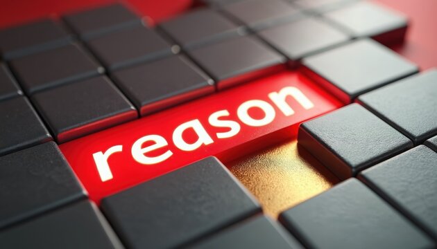 Abstract concept symbol with word reason on glowing red button surrounded by dark blocks. Logical thinking or explanation idea on business background. Intelligence and choice.