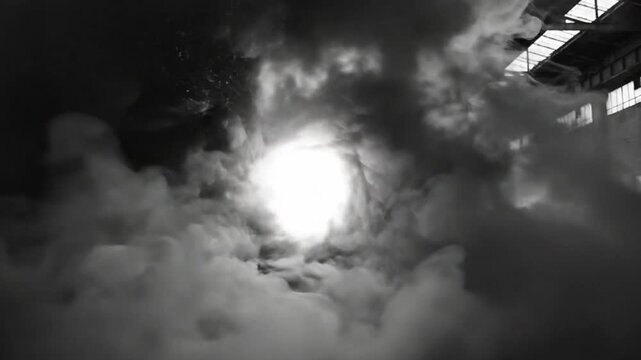 Dramatic slow motion sequence of swirling dark smoke revealing a bright light source in an industrial interior