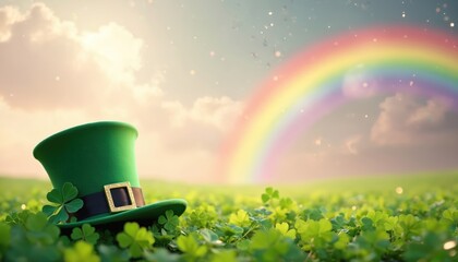 Fototapeta premium Green leprechaun hat rests in lush clover field under bright rainbow. Sky has soft clouds and gentle light. Magical atmosphere suggests luck and fortune.