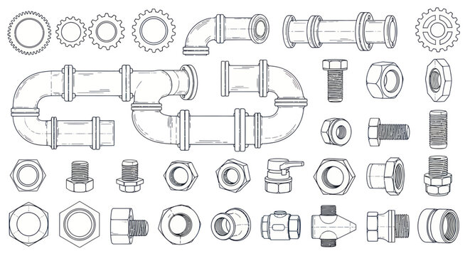 Hand-Drawn Plumbing Pipes, Gears, Bolts, and Nuts - Industrial Elements Set