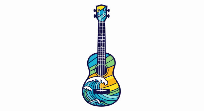 Colorful Ukulele with Ocean Wave Design.