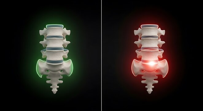 Lumbar spine comparison showing healthy vertebrae and herniated disc with nerve compression