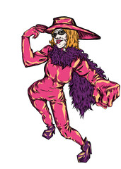 Fototapeta premium Bold surreal woman in pink bodysuit, furry scarf, and sunglasses art on transparent background