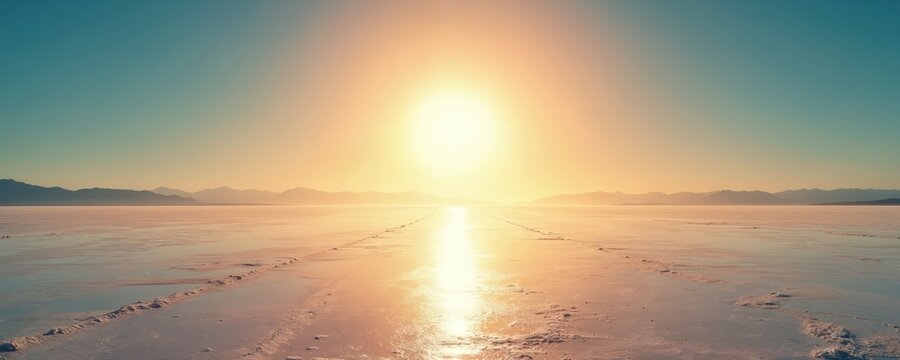 Vast salt flat under bright sun, distant mountains. Horizon reflects light on dry mineral surface. Clear sky, untouched nature. Optical illusion effect.