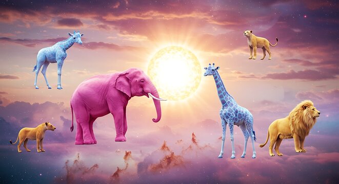 Colorful cartoon animals in surreal sunset background with copy space
