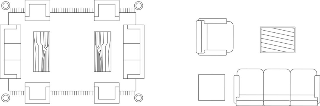 Technical interior design drawing showing living room furniture layout with sofas, tables and individual furniture pieces in top-down plan view.