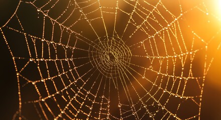 Obraz premium Delicate spider web illuminated by warm sunlight with detailed texture