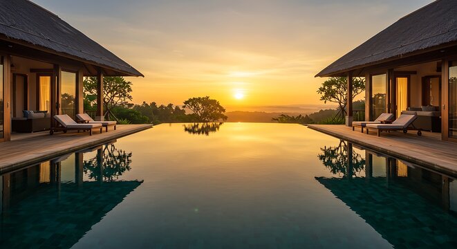 Luxury resort pool reflecting sunset sky between symmetrical buildings