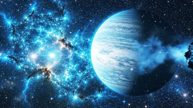Epic scene of a rocky asteroid impacting a blue gas giant planet with a stunning nebula in space