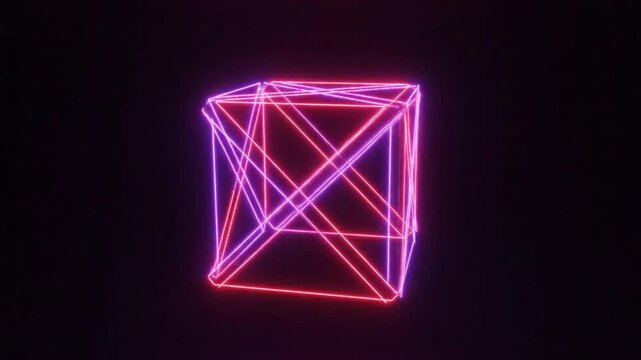Abstract futuristic neon cube rotating on a black background, vibrant red and purple laser lines