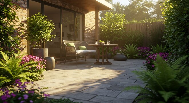 Outdoor patio scene with seating area plants and natural sunlight