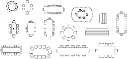 Technical interior design drawing showing various dining and conference table layouts with chairs in top-down plan view for architectural use. © Riki
